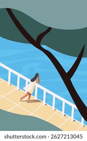 Female relax on sea sand beach travel vector poster. Summer seaside blue ocean scenic view background. 