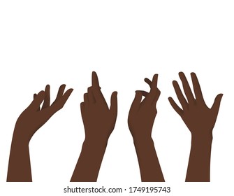 Female relaxed dark skin hands set of vector illustrations. Design of banners, advertising, posters. Hands reach for the sky, reach for something, open hand, hand touches, index finger. Stock.