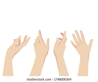 Female relaxed hands set of vector illustrations. Design of banners, advertising, posters. Hands reach for the sky, reach for something, open hand, hand touches, index finger. Stock illustration.