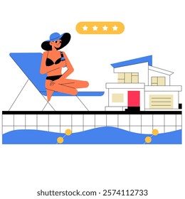 Female Relaxing By Poolside Near Luxury House In Flat Vector Illustration Symbolizing Vacation, Leisure, And Resort Living, Isolated On White Background.
