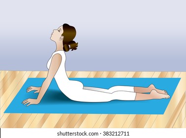 Female relaxing by stretching her back utilizing the cobra pose from yoga