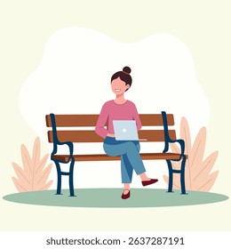 A female is relaxing on park bench with laptop for work from anywhere scene