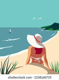 Female Relaxing On Sea Sand Beach Travel Vector Poster. Summer Seaside Blue Ocean Scenic View Background. Hand Drawn Pop Art Retro Style. Holiday Vacation Sea Tourist Travel Leisure Trip Illustration