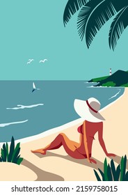 Female relaxing on sea sand beach travel vector poster. Summer seaside blue ocean scenic view background. Pop art flat design retro style. Holiday vacation sea tourist travel leisure trip illustration