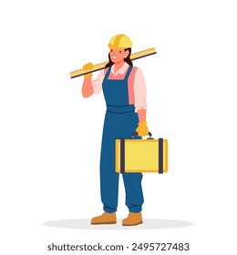 Female repair and maintenance service employee holding toolbox and wooden ruler. Young cute woman in helmet, professional construction worker and handyman overall standing cartoon vector illustration