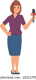 Female reporter hold mic. Cartoon professional woman