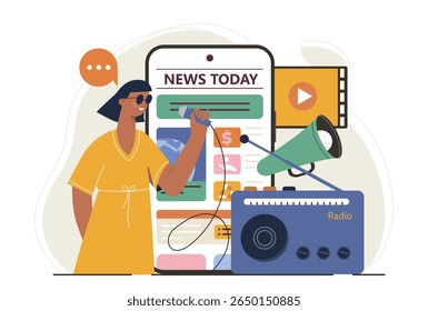 Female reporter holding a microphone in front of digital news interface with radio, megaphone, and video icon, on white background. Concept of journalism. Vector illustration
