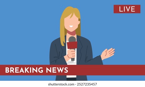 Female reporter, journalist is working with a news microphone in hand. Live and breaking news text. Isolated on a blue background. Flat vector illustration.