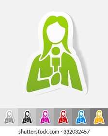 female reporter paper sticker with shadow. Vector illustration