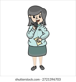 Mujer reportera leyendo notas o Ilustración vectorial de papel de guion