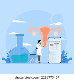 Female reproductive health. Gynecologist conducts uterine examination, diagnosis, laboratory test screening. Prevention of gynecological disease. Ovaries, uterus, cervical medical treatment. Vector.