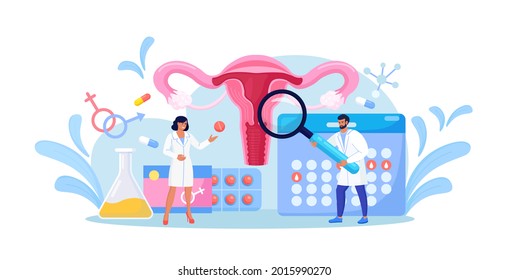 Female Reproductive Health. Gynecologist Doctors Make Uterus Examination, Diagnosis, Laboratory Test Screening. Gynecology Disease Prevention. Ovaries, Womb, Cervix Medical Treatment. Vector Design