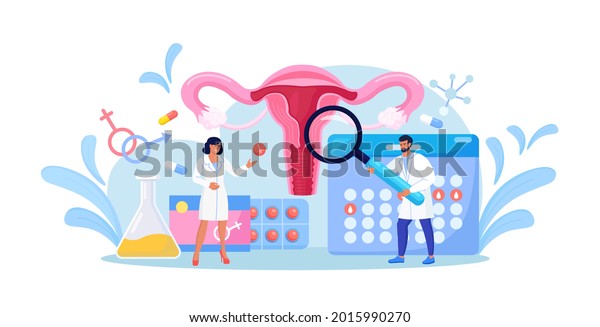 Female reproductive health. Gynecologist doctors\
make uterus examination, diagnosis, laboratory test screening.\
Gynecology disease prevention. Ovaries, womb, cervix medical\
treatment. Vector\
design