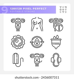 Female reproductive health linear icons set. Gynecological diseases, cancer. Menstrual hygiene products. Customizable thin line symbols. Isolated vector outline illustrations. Editable stroke