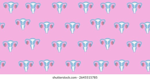 Órgão reprodutivo feminino bonito rosa padrão sem emenda. Para impressão, tecido, têxtil, papel de embrulho, tampa, banner. Histórico do conceito médico. Feminismo arte. Saúde reprodutiva da mulher