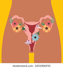 female reproductive sistem with flower in ovary in flat illustration