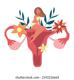 Female reproductive system. The concept of women's health and examination. Decorative rendering of a uterus with flowers and a woman. Cartoon vector illustration isolated on white background.