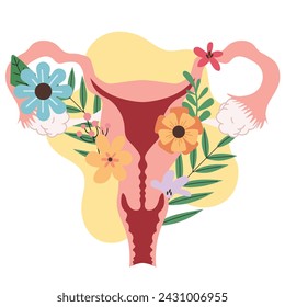 female reproductive system with flower on ovary in flat illustration