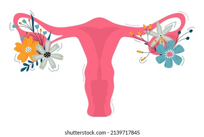 Female Reproductive System with Flowers. Feminine Gynecology. Anatomical Female Uterus, Ovaries. Vagina Symbol Menstruation. Hand Drawn Uterus, Womb Female Reproductive Organs. Vector illustration.
