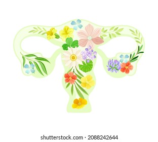 Female reproductive system with flowers and leaves. Healthy blooming human internal organ vector illustration