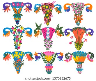 Female Reproductive System Made of Colorful Flowers and Plants Set Vector Illustration