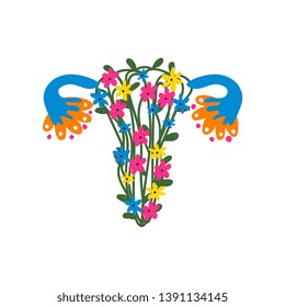 Female Reproductive System Made of Colorful Flowers and Plants Vector Illustration.