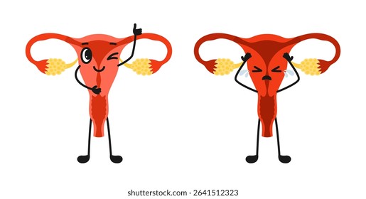 Female reproductive system mascot. Uterus healthy and unhealthy cartoon illustration. Cheerful smiling womb giving thumbs up and sad sick character. Check health vector medical comic poster