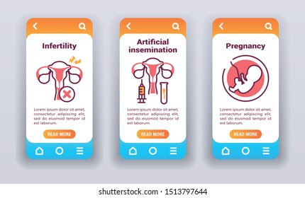 Female reproductive system on mobile app onboarding screens. Line icons, Infertility, artificial insemination, pregnancy. Banners for website and mobile kit development. UI/UX/GUI template.