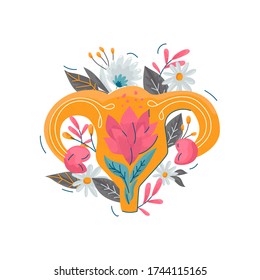 Female reproductive system stylized with botanical elements. Uterus with floral decoration vector illustration.