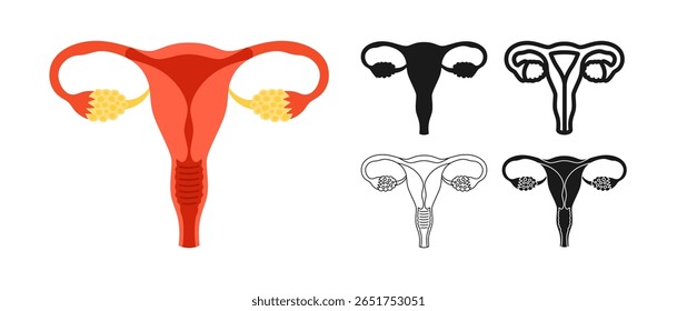 Conjunto de símbolos do sistema reprodutor feminino. Sinal anatômico do órgão uterino do útero sobre fundo branco. Desenho humano mulher útero ginecologia médica diagnóstico educação estilizado design vetor ilustração