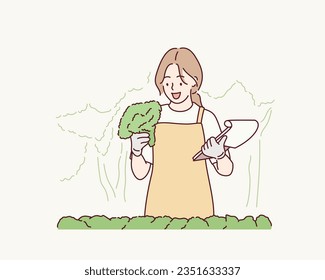 A female researcher examines vegetable work in an experimental garden. Hand drawn style vector design illustrations.