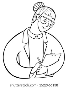 Female researcher holds a clipboard and make notes. Scientist in a white coat and glasses at work. Woman conducting an experiment. Vector outline illustration drawings on a white background