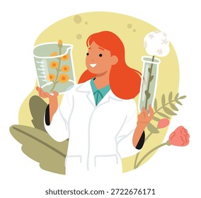 Pesquisadora do sexo feminino em ambiente de laboratório, trabalhando com extratos botânicos para formular homeopatia remédios cena de desenho animado. Processo de extração holística de produtos de saúde e ilustração vetorial de criação