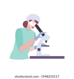 Female researcher looking through microscope flat icon on white background vector illustration