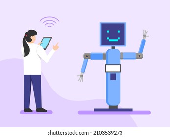 una investigadora de ropa blanca hace un programa y prueba un robot manual. Ciencia de inteligencia artificial. Ilustración vectorial de estilo plano