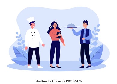 Female restaurant manager with chef and waiter. Restaurant or cafe staff in uniform flat vector illustration. Management, occupation, food industry concept for banner, website design or landing page