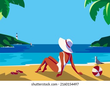 Female Resting On Sea Sand Beach Enjoy Tropical Seascape. Travel Retro Style Poster Flat Design. Summer Seaside Blue Ocean Scenic View Background. Sea Beach Vacation Tourist Leisure Trip Illustration