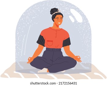Female restrictions, young woman sits in lotus position under glass jar. Character is getting out of confined space. Concept of freedom, mental rehabilitation and opening up new opportunities