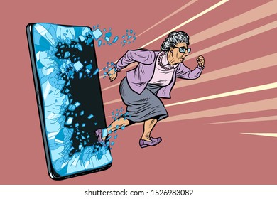 female retired lady and new technology concept. grandmother punches the screen of the smartphone and goes online. Phone gadget smartphone. Online Internet application service program. Pop art retro