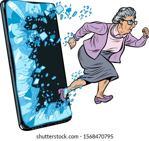 female retired lady and new technology concept. grandmother punches the screen of the smartphone and goes online. Phone gadget smartphone. Online Internet application service program. Pop art retro
