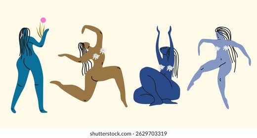 Female retro characters in different poses in a trendy cartoon minimal style. Vector abstract girls body for posters, covers, postcards, prints, wall art. Vintage matisse art female body