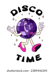 Female retro disco ball character with hand drawn lettering. Slogan Disco Time. Vintage composition with groovy style lettering and funny hand drawn old cartoon character. Ideal for printout, poster