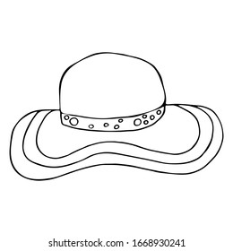 Female retro hat on a white background. Doodle outline vector illustration. Design, coloring book, t-shirt, brand logo, badge, t-shirt, print cup, postcard.