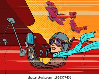 weiblicher Retro-Pilot Luftfahrt und Piloten. Pop Art Retro Vektorgrafik Vintage Kitsch 50er 60er Jahre Stil