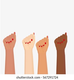 Female revolution, strike, protest. Woman Hands with clenched fists, isolated on white background. Flat vector stock illustration