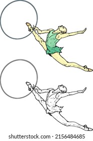 Female rhythmic gymnast perform a flying split with the hoop apparatus, isolated against white. Hand drawn vector illustration.