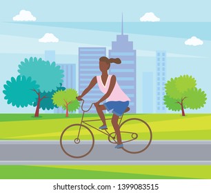 Female ride on cycle, active way of life. Woman cycling in park, afro-american lady riding on bike. Vector teenage girl at bicycle cartoon character, buildings - Shutterstock ID 1399083515
