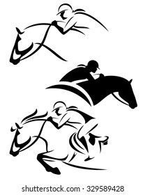 female rider - jumping horse outline and silhouette black and white vector set