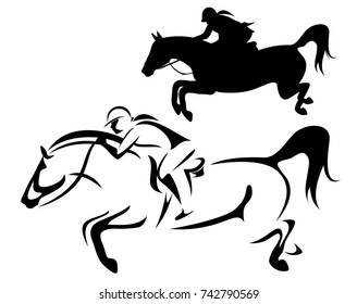 female rider - jumping horse side view outline and silhouette black and white vector design