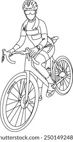 Female riding the bicycle outline vector illustration. Woman cyclist in equipment flat one line vector illustration, isolated on white background.